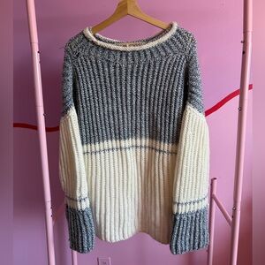 Chunky Two-Tone Blue and Cream Ribbed Handmade Sweater